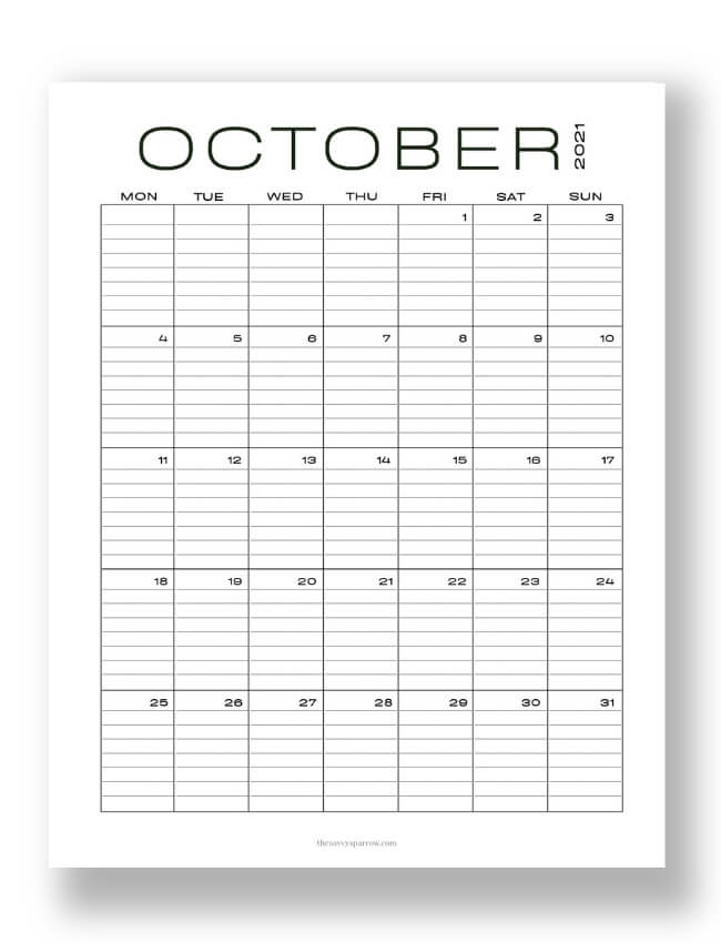 modern lined October calendar PDF