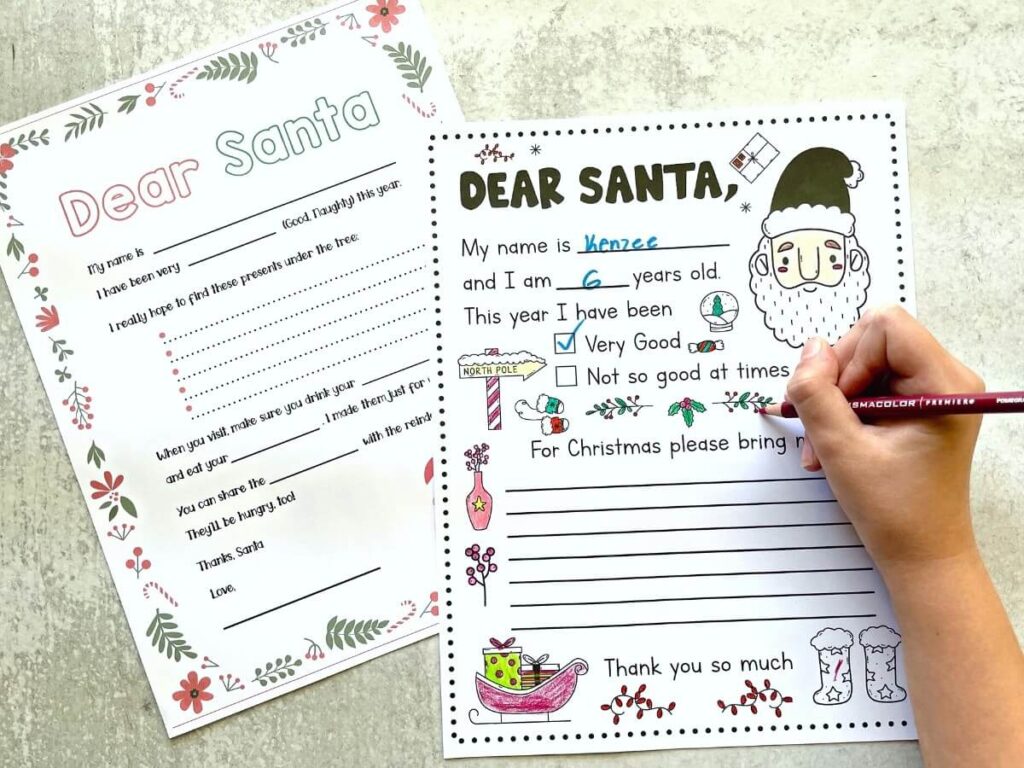 free printable santa letter template with envelopes and stamps