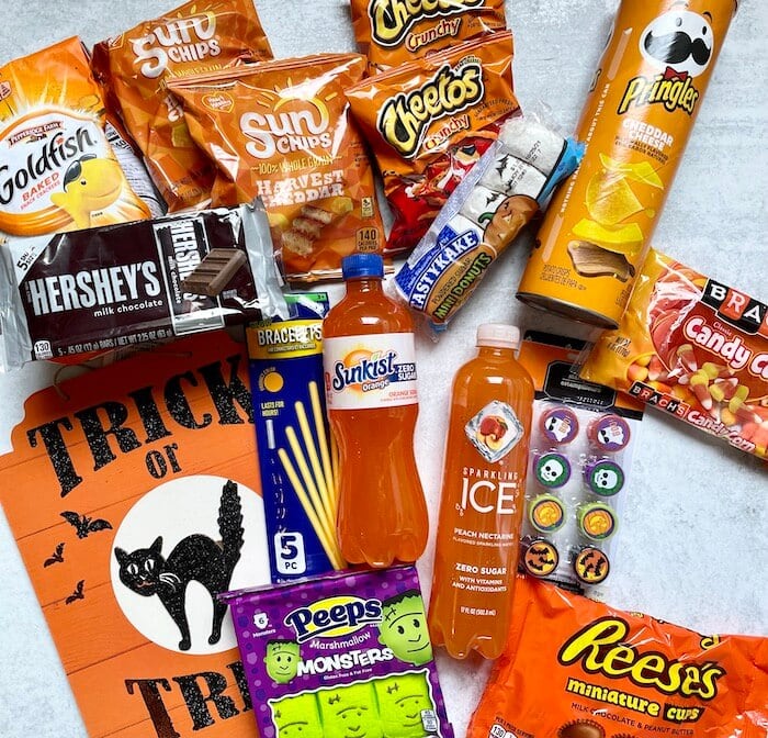 snacks, treats, and drinks to put in a boo basket