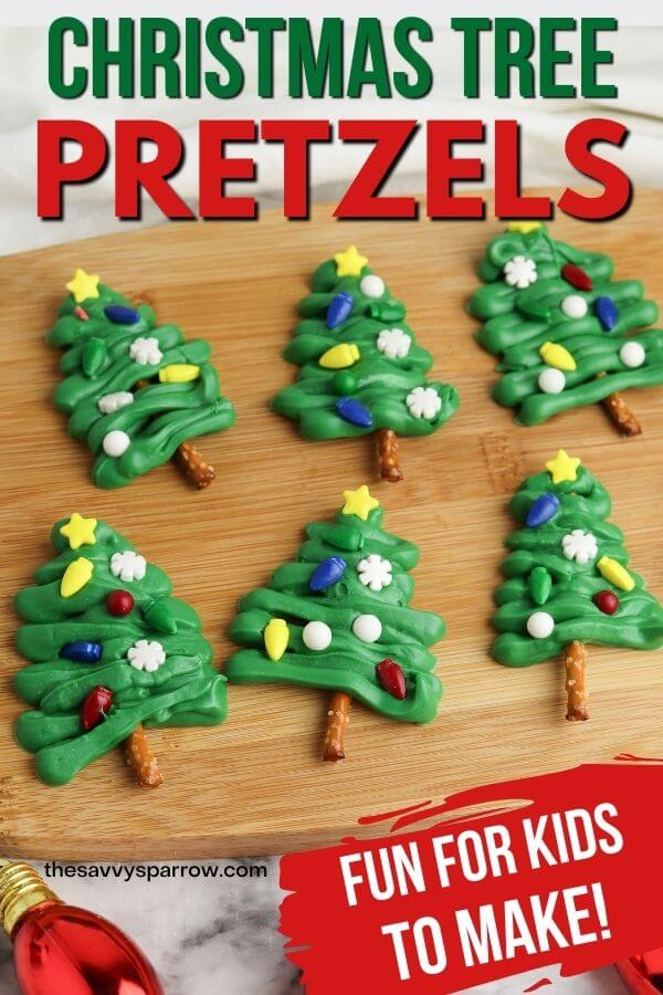 Christmas tree pretzels with green melting chocolate