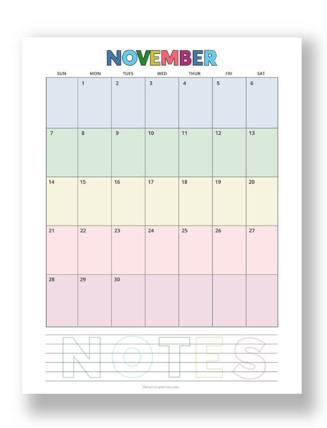 rainbow colored November 2021 printable calendar