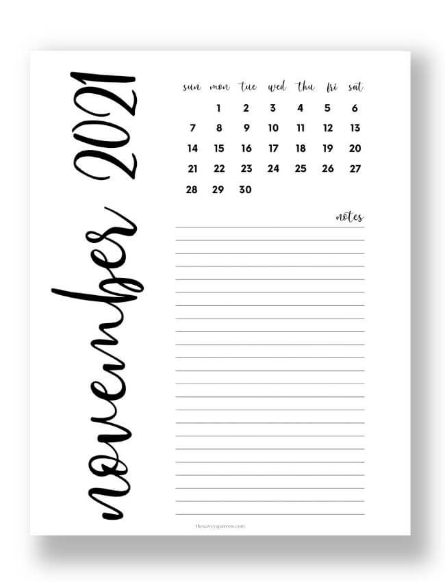 November 2021 calendar pdf with notes
