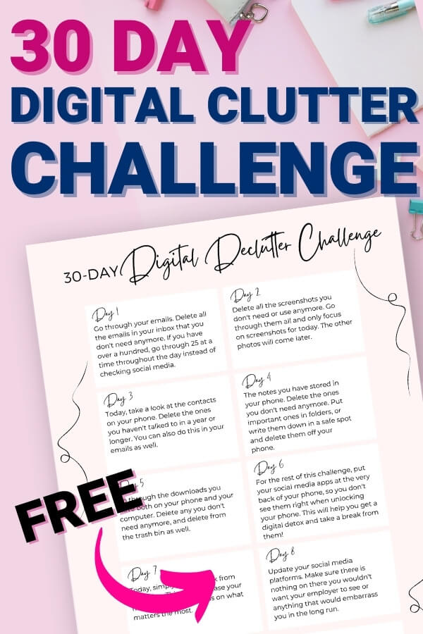 Pinterest graphic that says 30 day digital clutter challenge