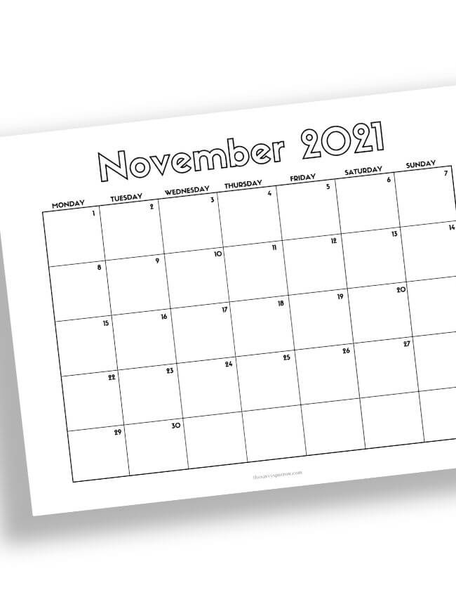 printable November 2021 calendar with horizontal layout