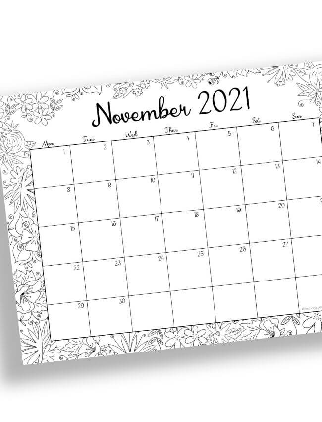 horizontal layout November calendar to color