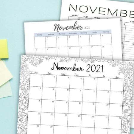 free printable November calendars