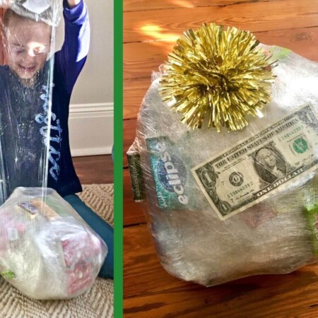 saran wrap ball game and girl unwrapping plastic ball with prizes inside