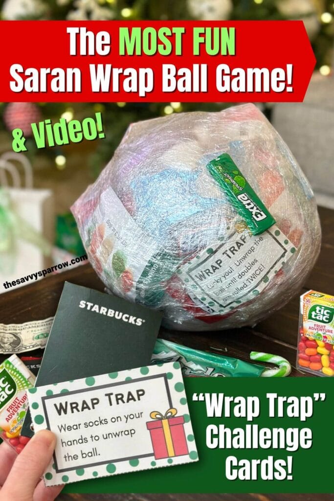 saran wrap ball game with prizes and challenge cards