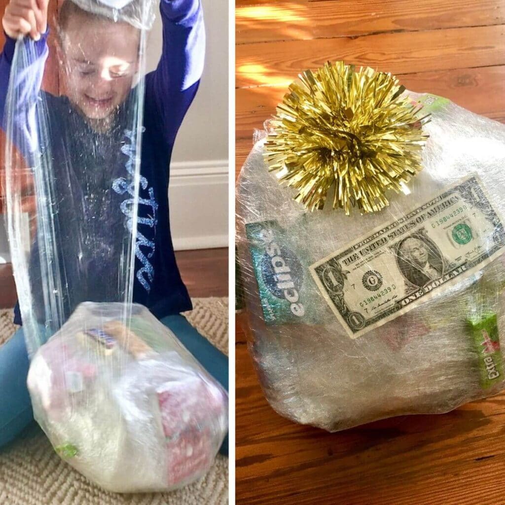 saran wrap game and girl unwrapping large plastic wrap ball filled with prizes