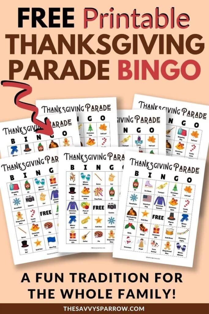 free printable Thanksgiving parade bingo cards Pinterest graphic