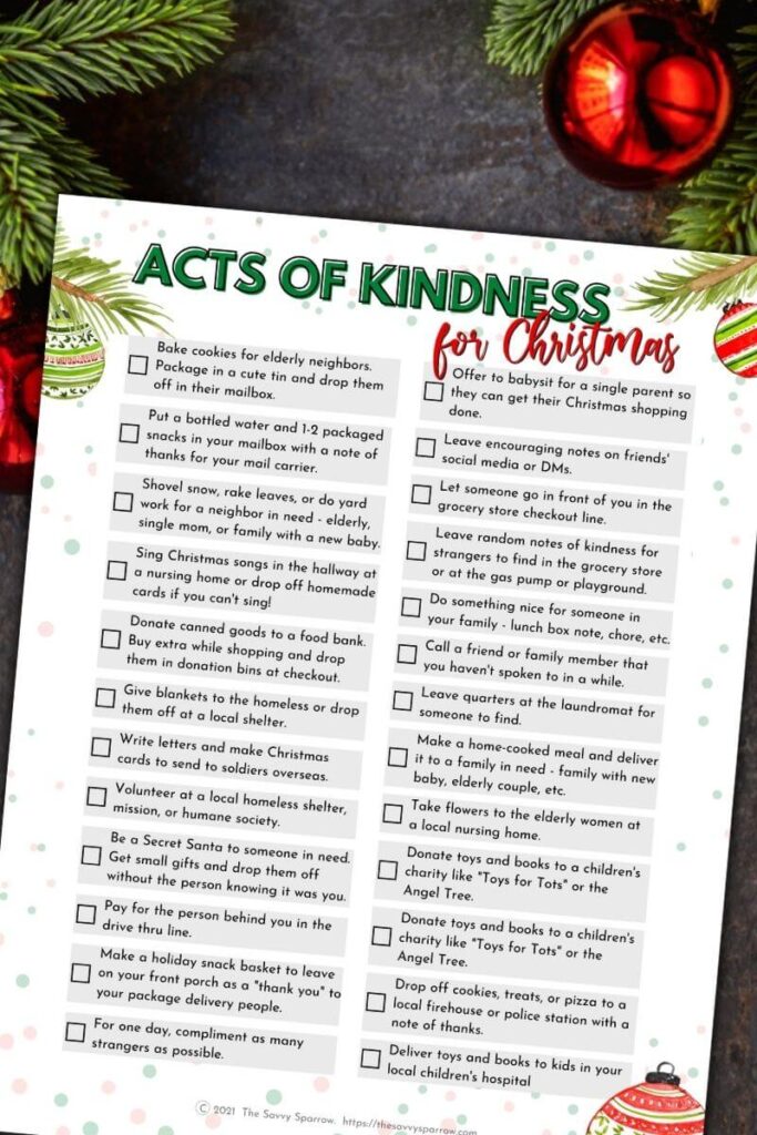 printable list of Christmas acts of kindness ideas