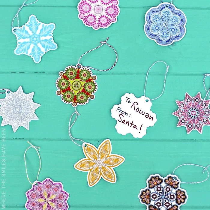 printable colorful snowflake gift tags