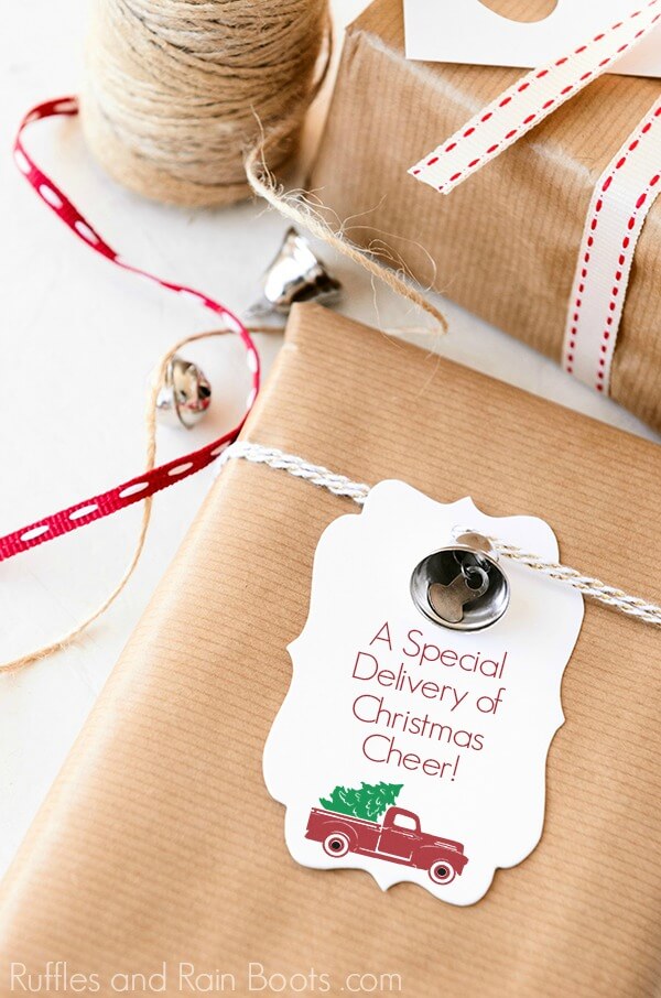 Christmas gift tag with a red truck that says Special Delivery