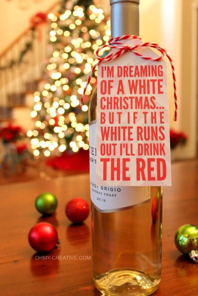wine gift tag on a bottle of wine
