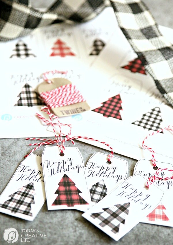 farmhouse Christmas gift tags with buffalo check trees