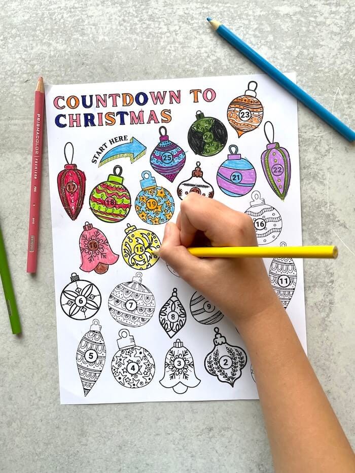 countdown to Christmas coloring sheet with ornaments