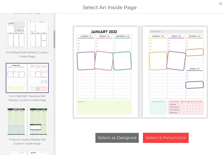 screenshot of customizable daily planner layout