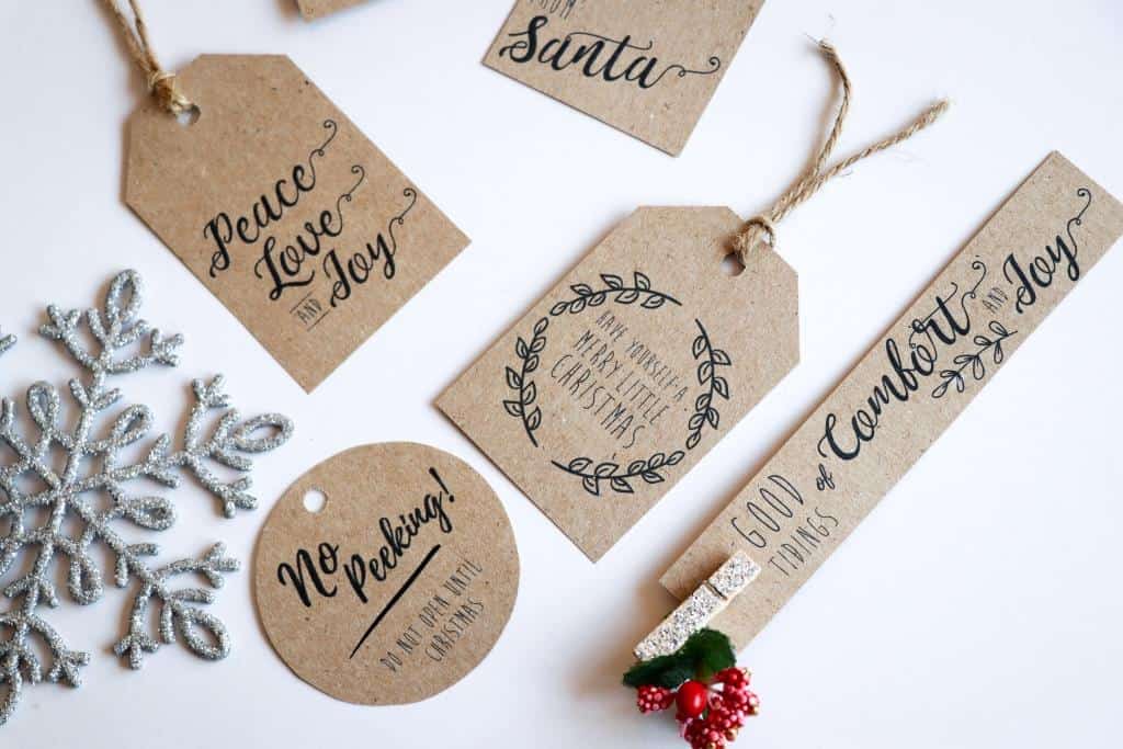simple Christmas gift tags printed on kraft paper
