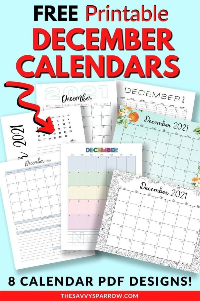 Free Printable December Calendars - 8 Cute 2021 PDFs to Print Now!