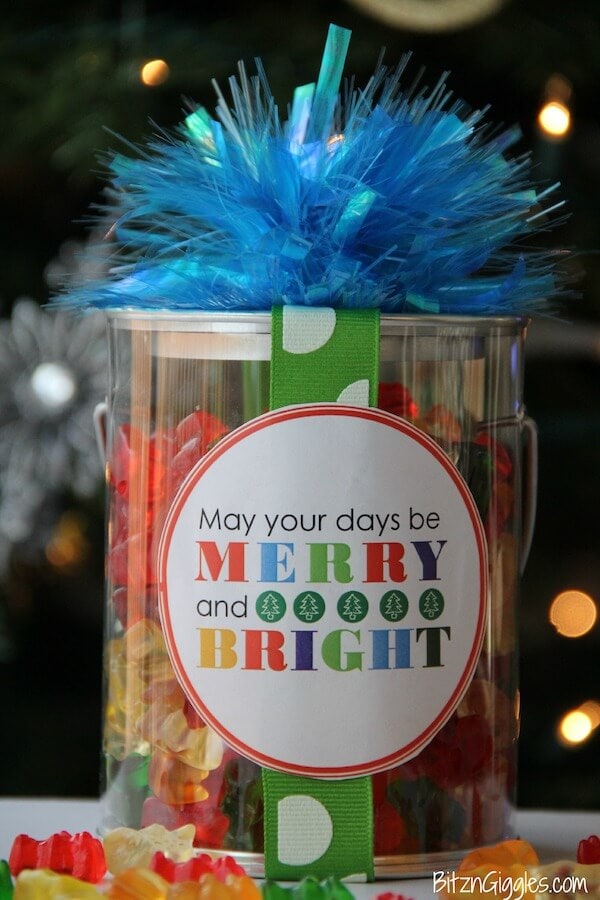 colorful Christmas gift label on a jar of gummy bears