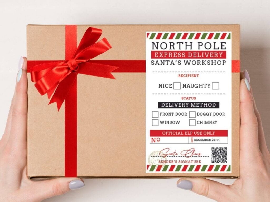 printable North Pole shipping label on a box