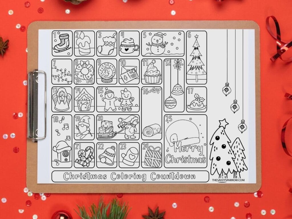 free printable Christmas countdown calendar on a clipboard