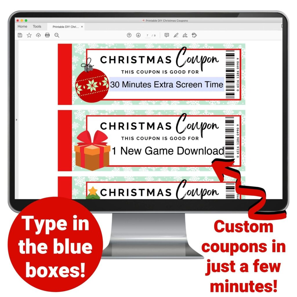 Christmas coupon book template PDF on a computer screen