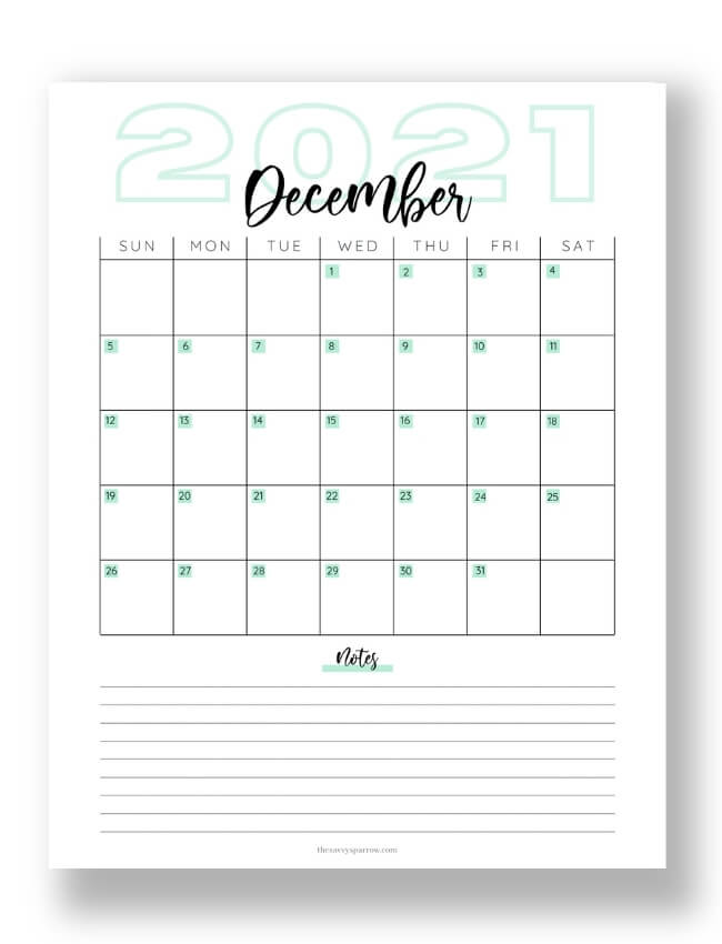 printable December calendar with teal design