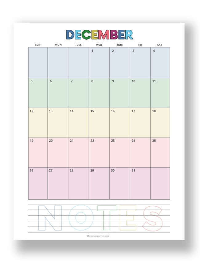 rainbow colored December 2021 calendar