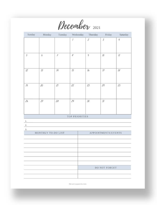 printable December calendar with notes section