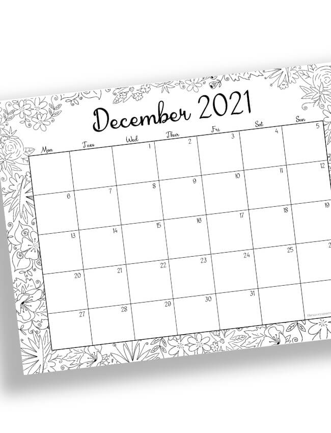 horizontal layout December calendar for coloring