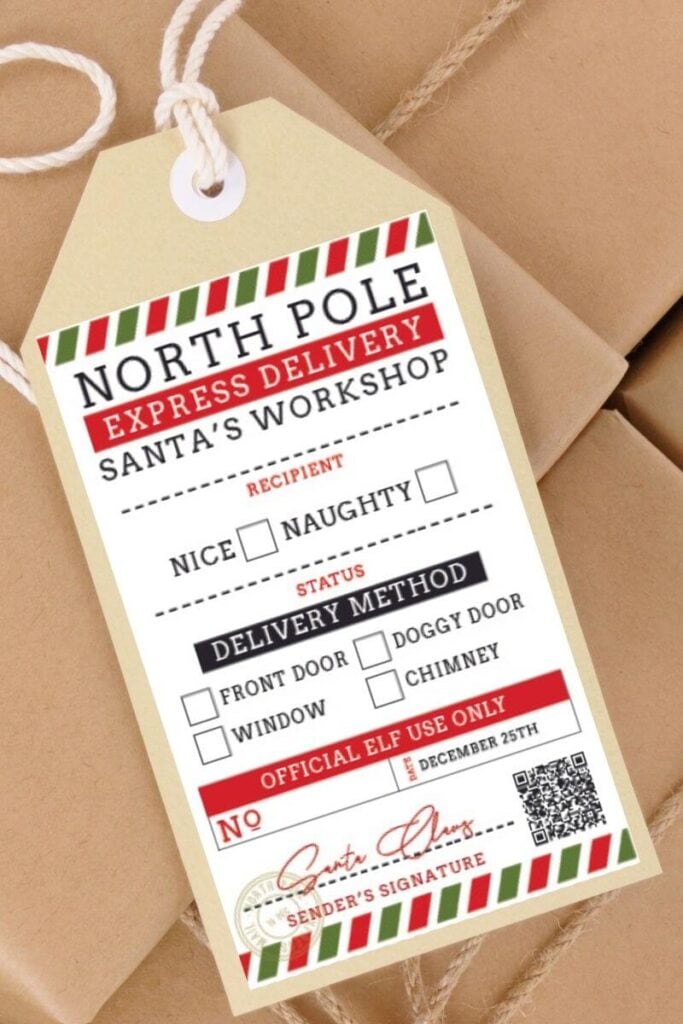 printable north pole shipping label on a gift tag