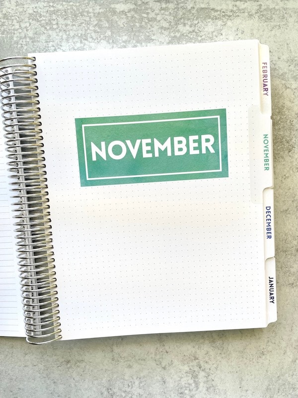 November divider tab in a planner