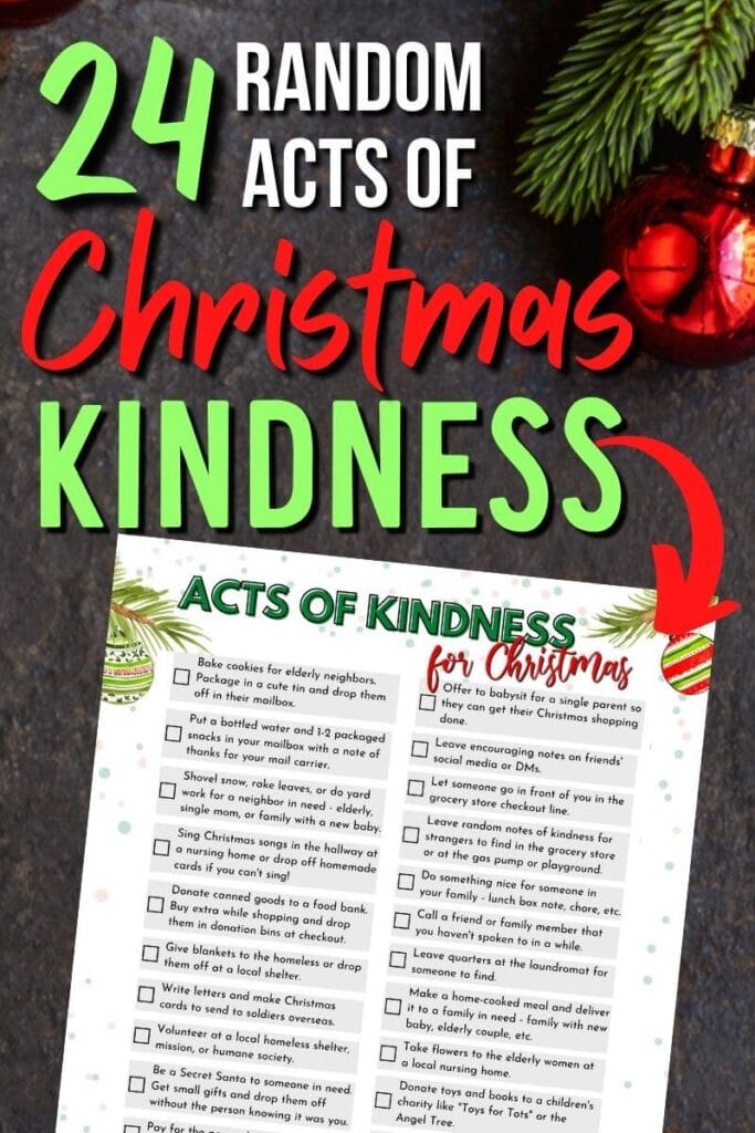 mockup of printable list of 24 random acts of Christmas kindness