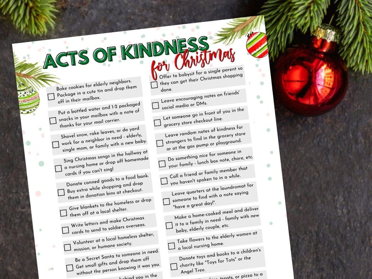 24 Random Acts of Kindness for Christmas - Free Printable List of Ideas!