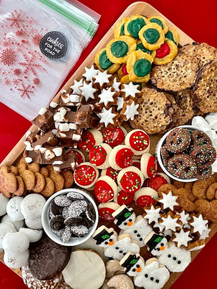 Christmas cookie charcuterie board with to go bags