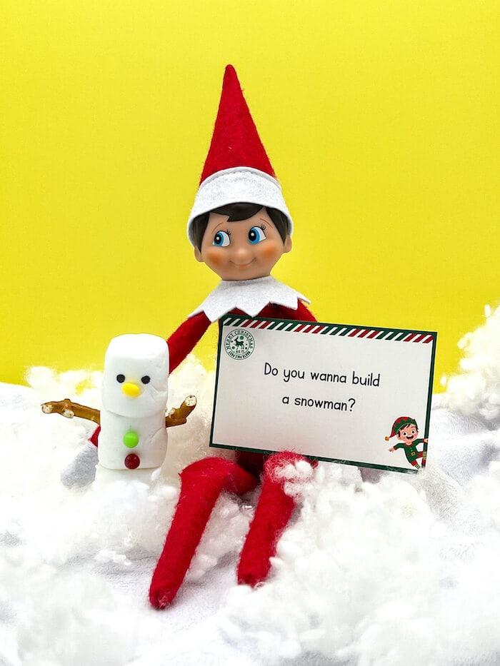 elf on the shelf with a printable note and a marshmallow snowman
