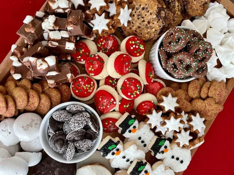 Christmas dessert charcuterie board with cookies and candies