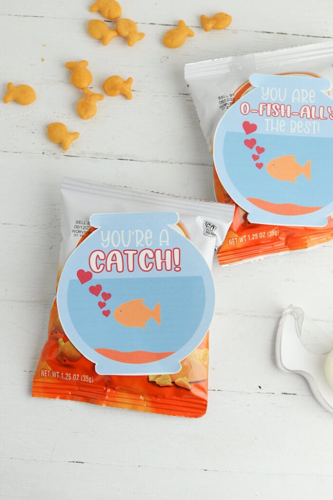 printable valentine cards attached to goldfish snack cracker bags