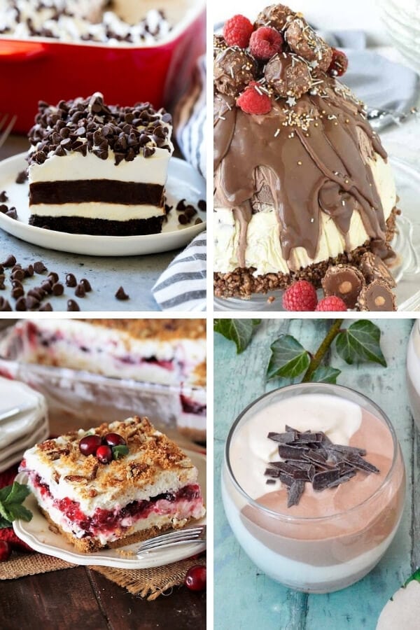collage of chocolate cakes, ice cream, and mousse desserts