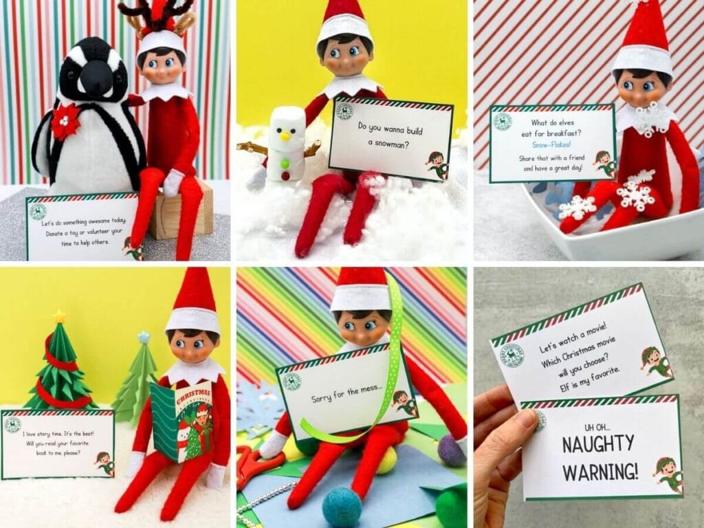 collage of Elf on the Shelf ideas with printable notes