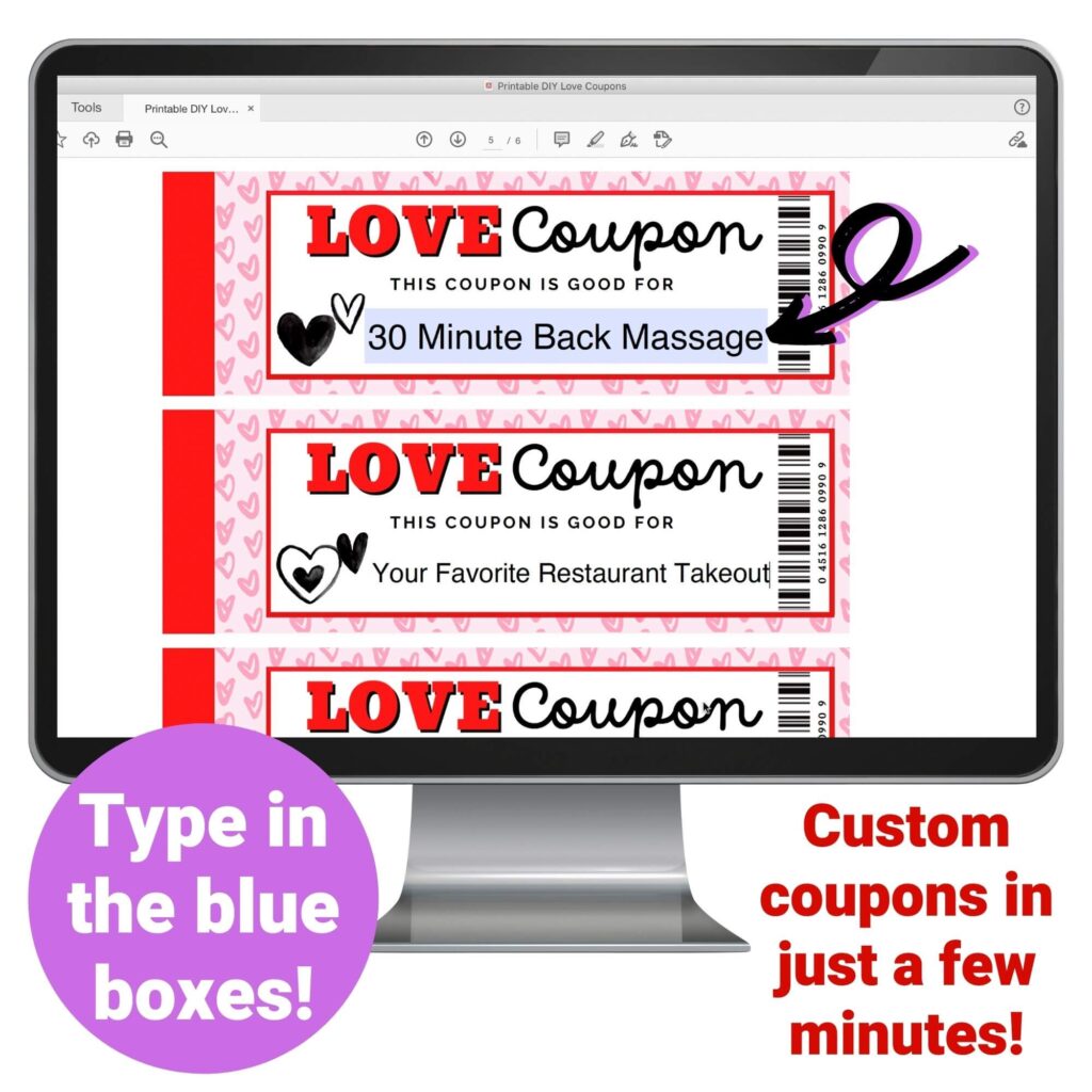 computer screen showing editable love coupons template