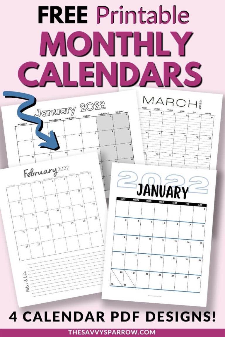 Free Printable Monthly Calendar for 2022- 4 Calendar PDFs to Print Now!