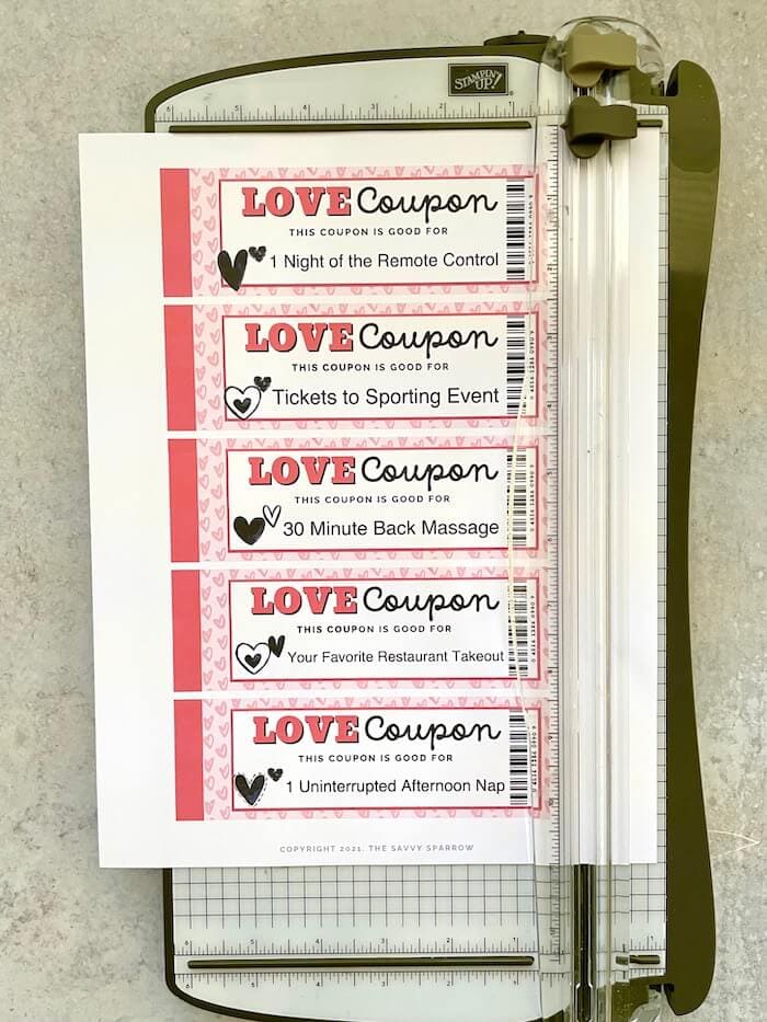 cutting printable love coupons with a paper trimmer