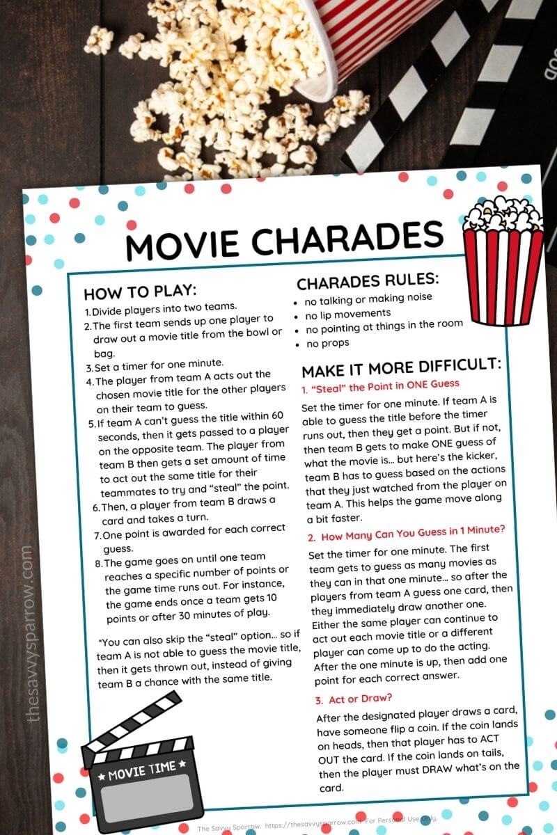 Movie Charades How to Play, List of Movies, & Printable Cards