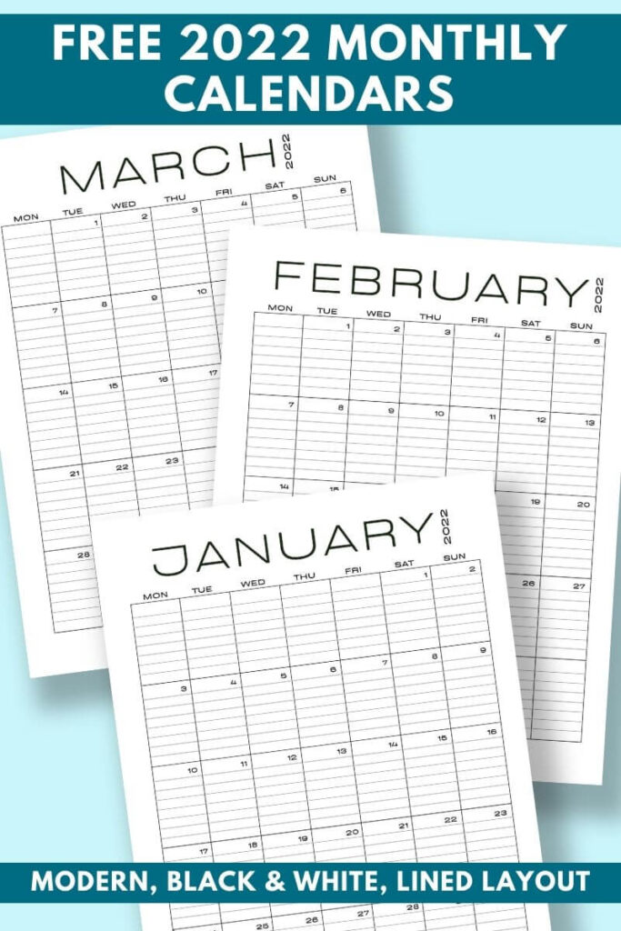 2022 printable monthly calendars with lined layout