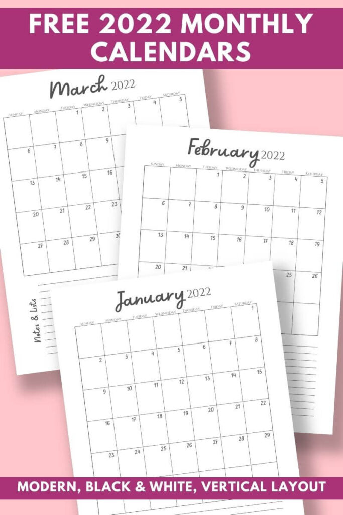 printable 2022 monthly calendars with vertical layout