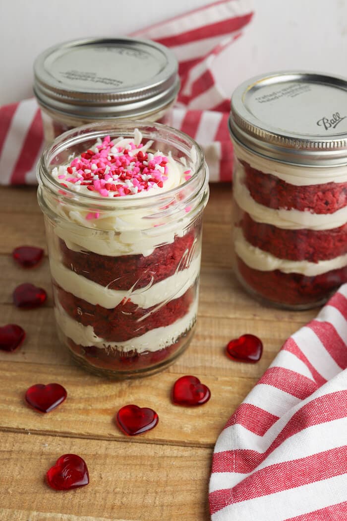 red velvet cake in a jar