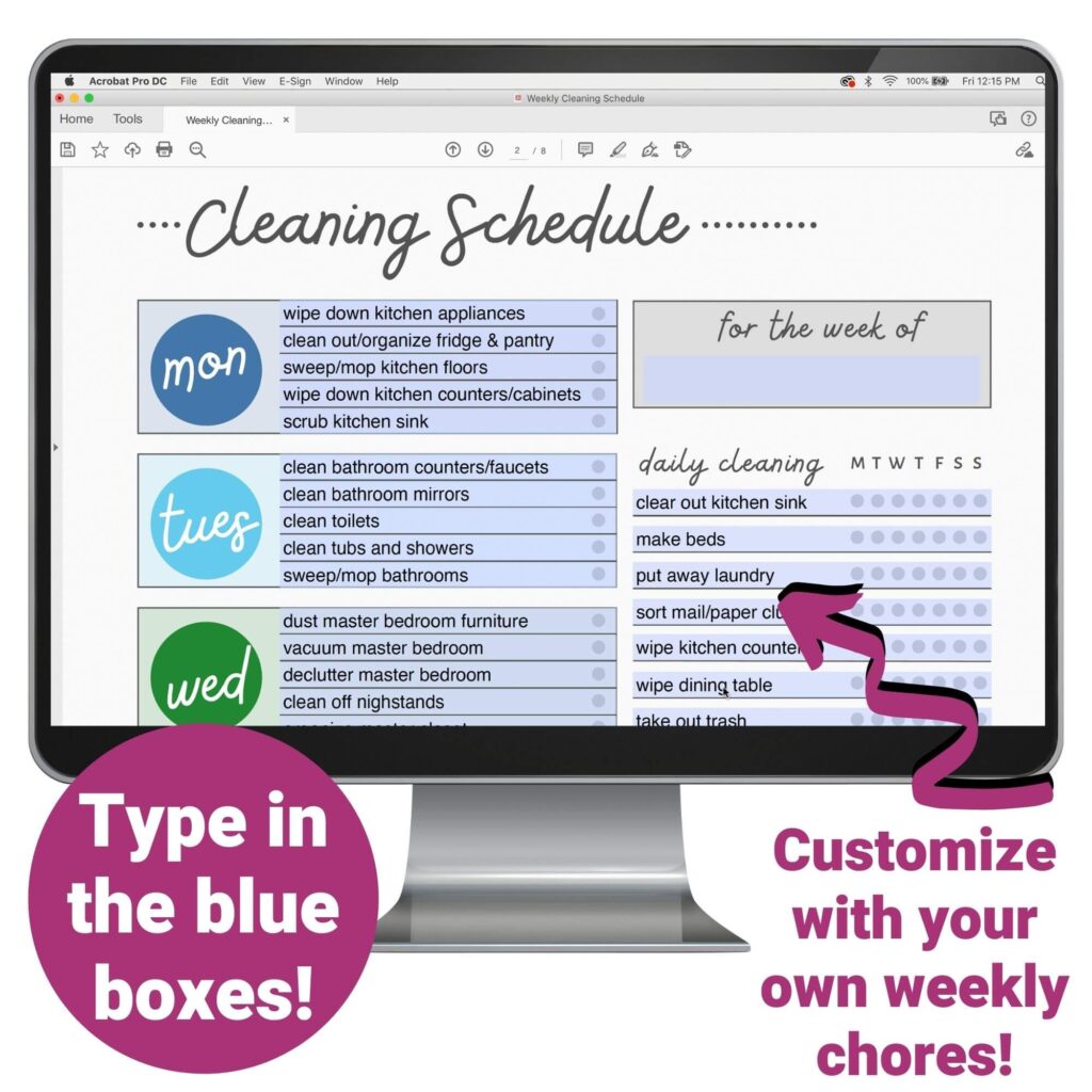 fillable cleaning schedule template on a computer screen
