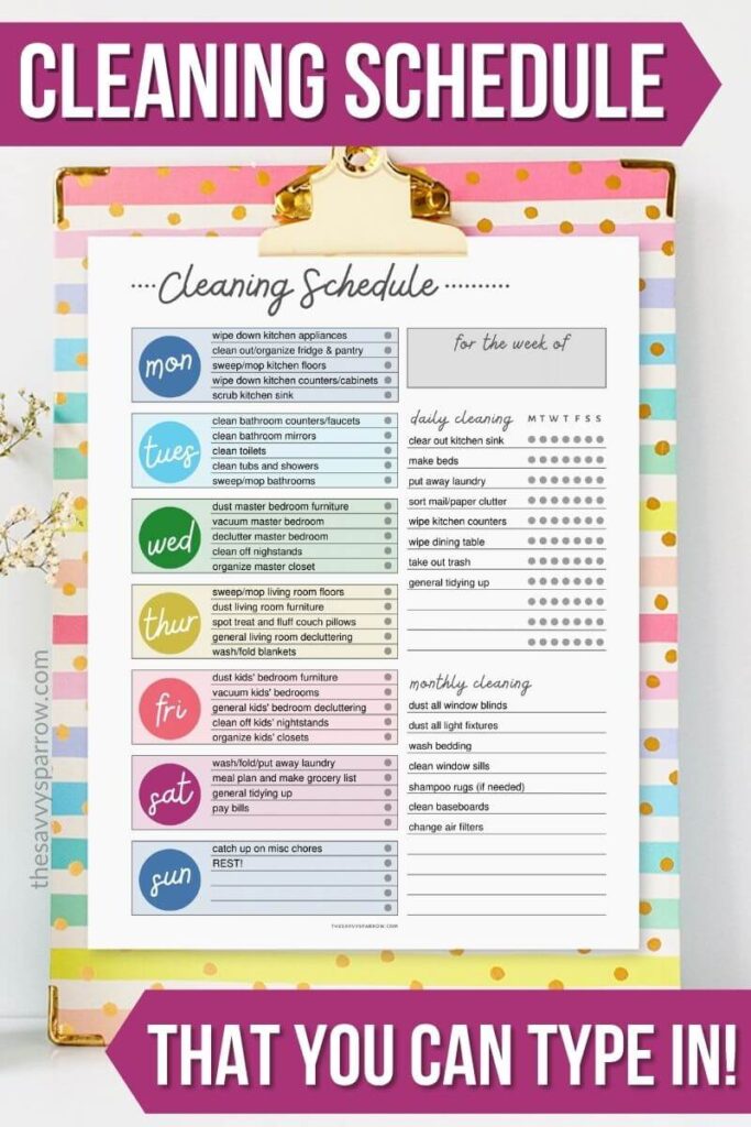 editable weekly cleaning schedule PDF on a clipboard